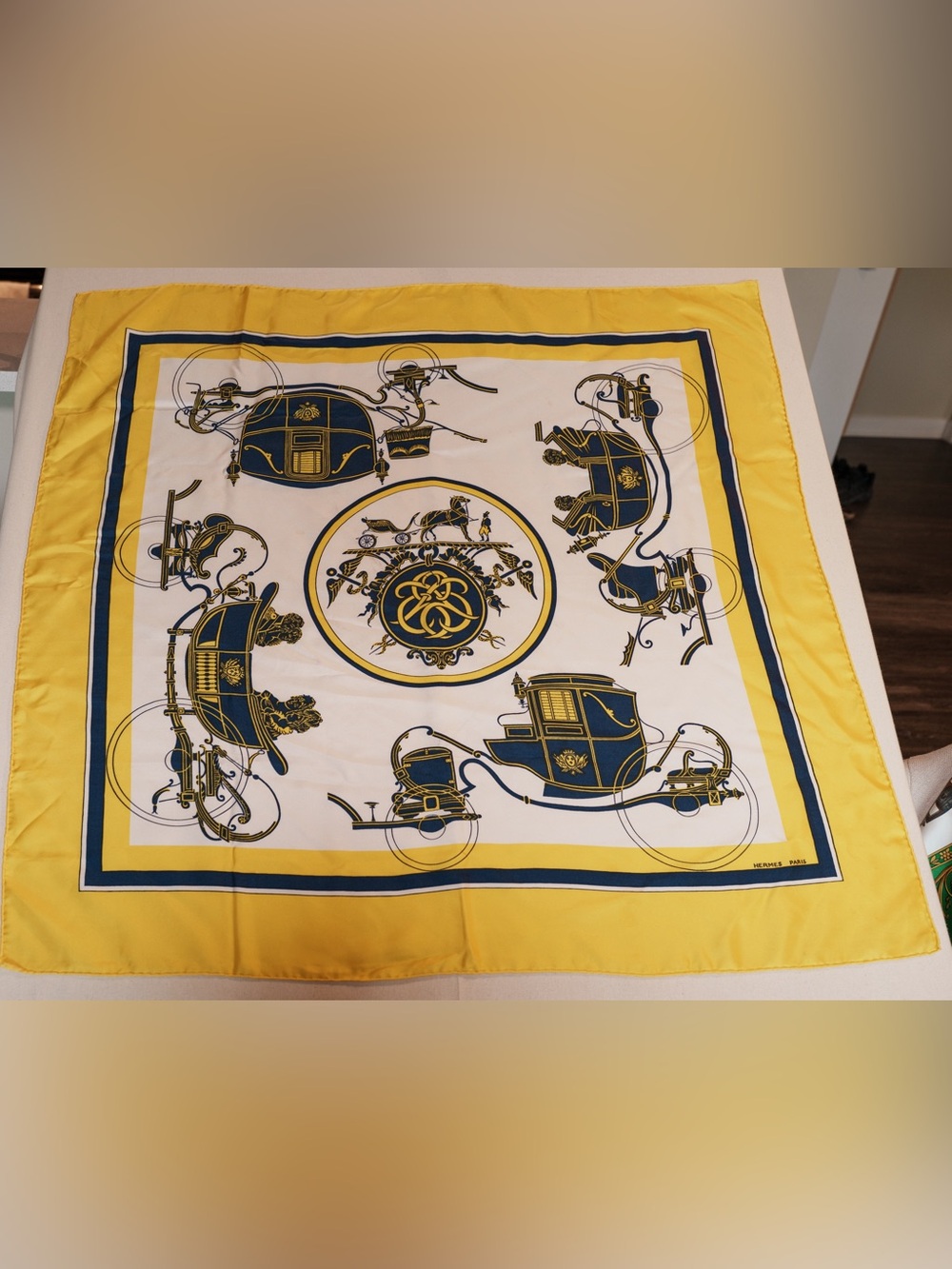Hermes Yellow, Navy & Cream Carriage Print Silk Scarf 35”x35”